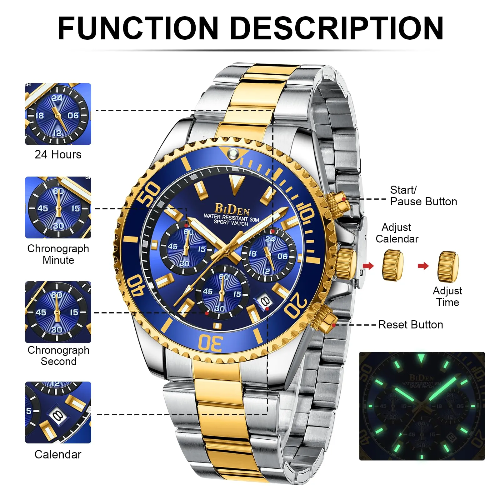 BIDEN Orologio Uomo Militare in Acciaio Cronografo Impermeabile Analogico con Data Blu Dorato - immagine 6