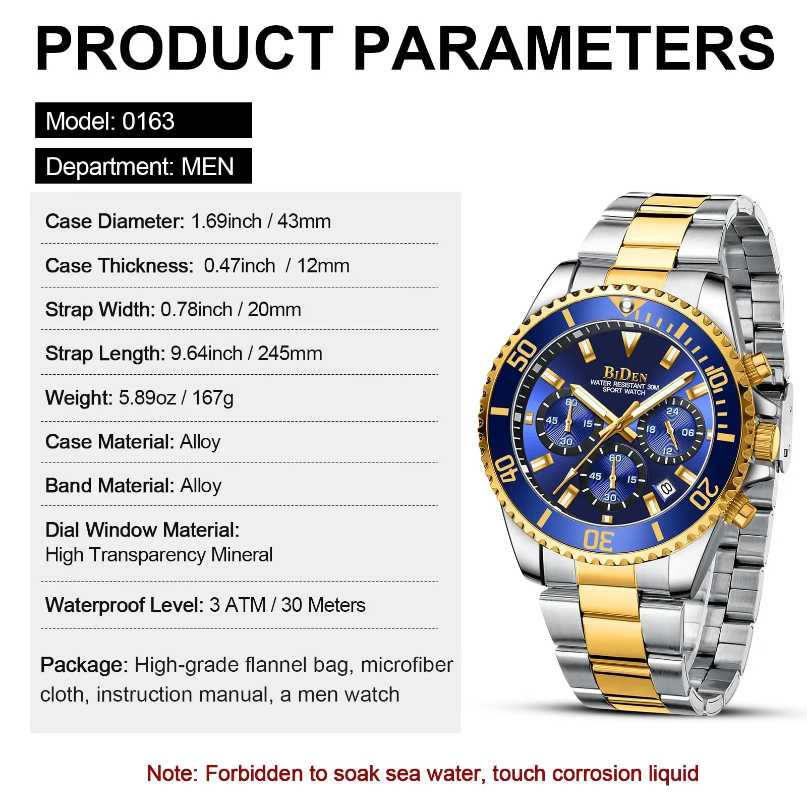 BIDEN Orologio Uomo Militare in Acciaio Cronografo Impermeabile Analogico con Data Blu Dorato - immagine 7