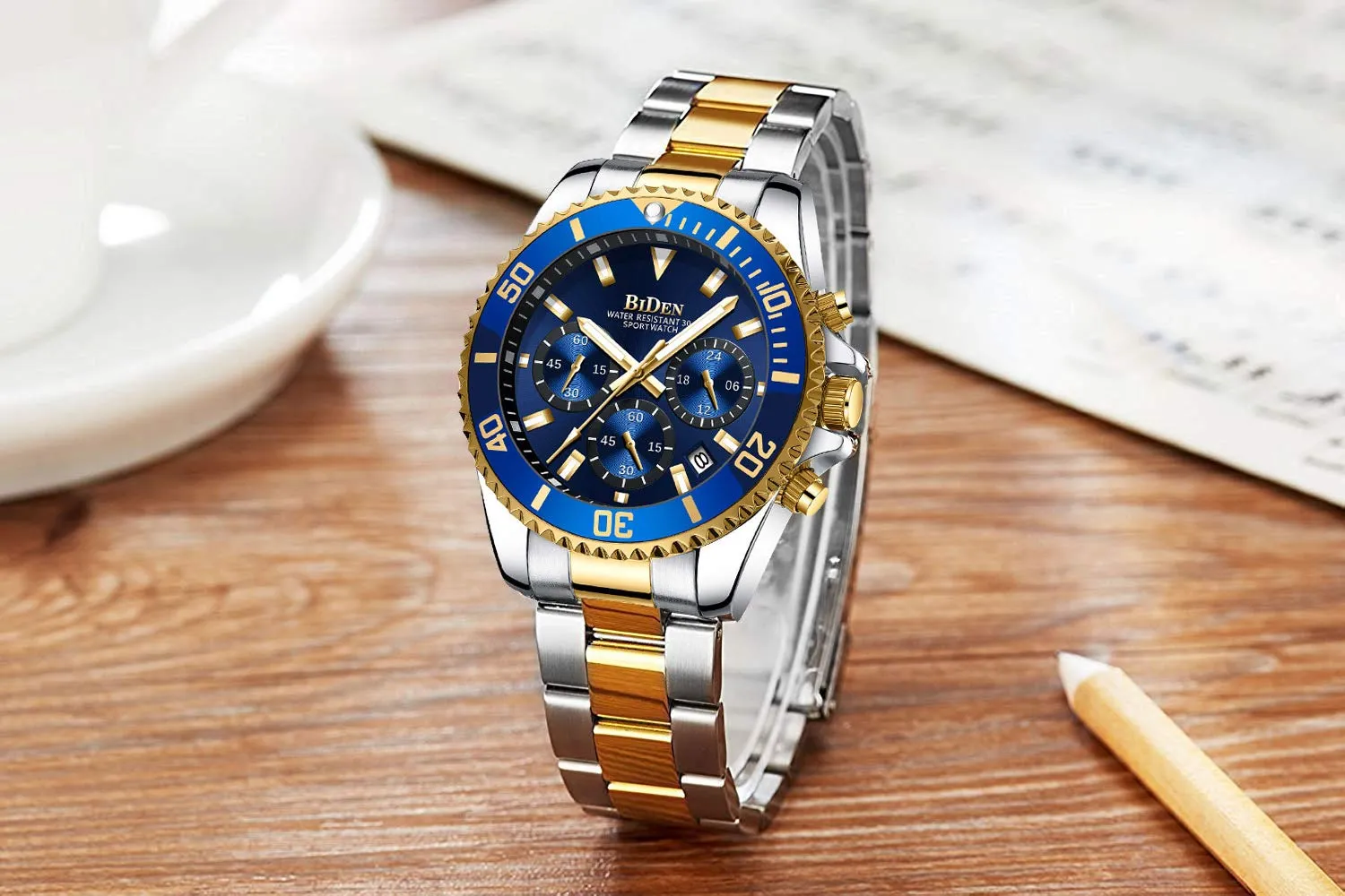 BIDEN Orologio Uomo Militare in Acciaio Cronografo Impermeabile Analogico con Data Blu Dorato - immagine 8