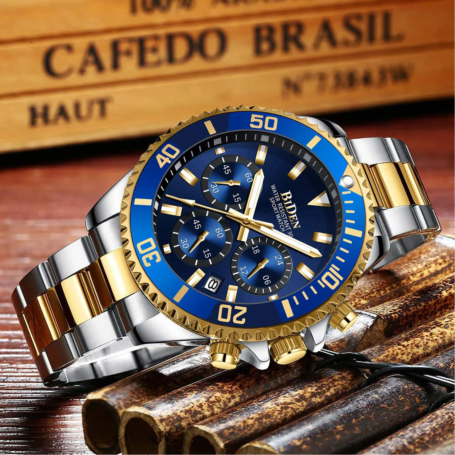 BIDEN Orologio Uomo Militare in Acciaio Cronografo Impermeabile Analogico con Data Blu Dorato - immagine 9