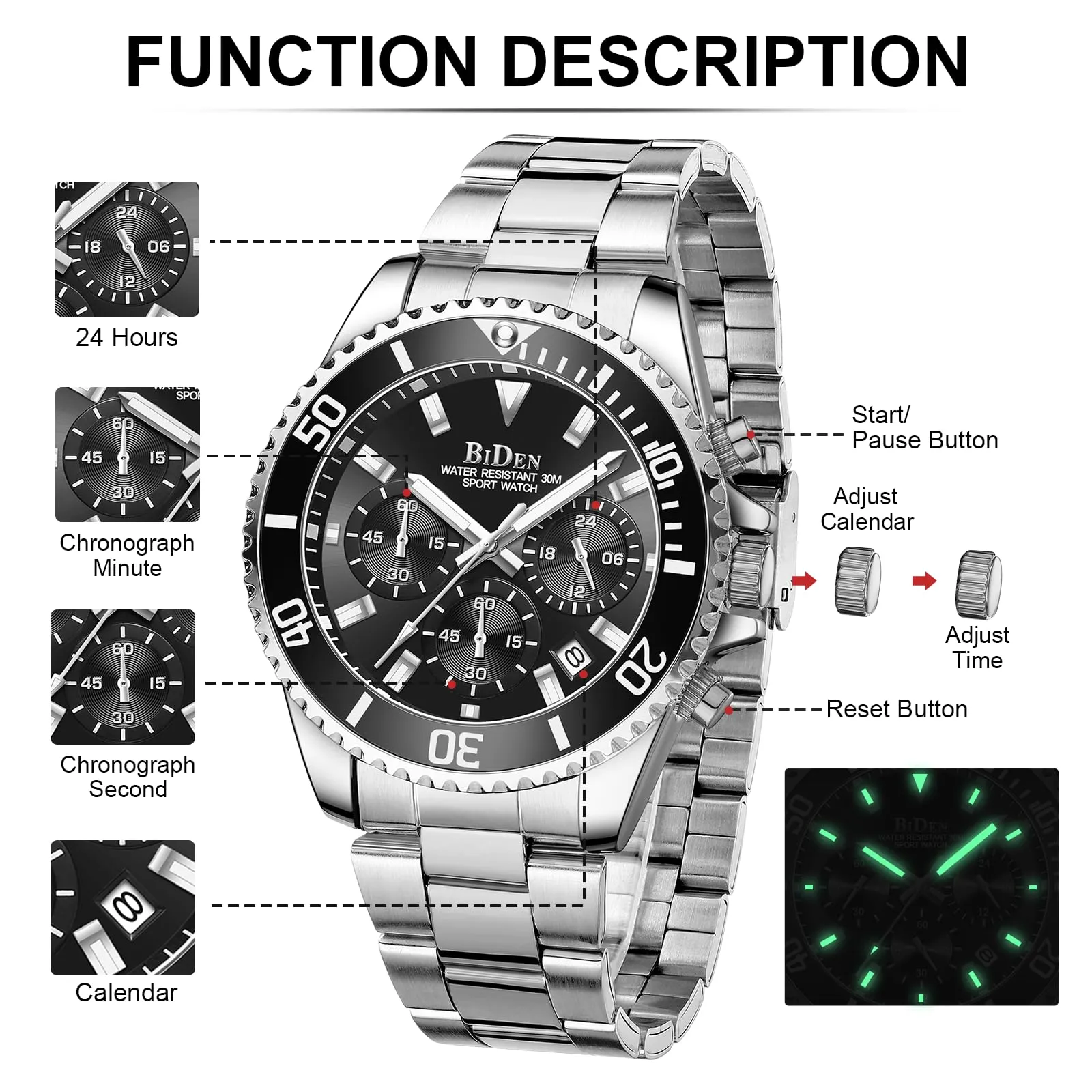 BIDEN Orologio Uomo Cronografo al Quarzo in Acciaio Inox - immagine 6