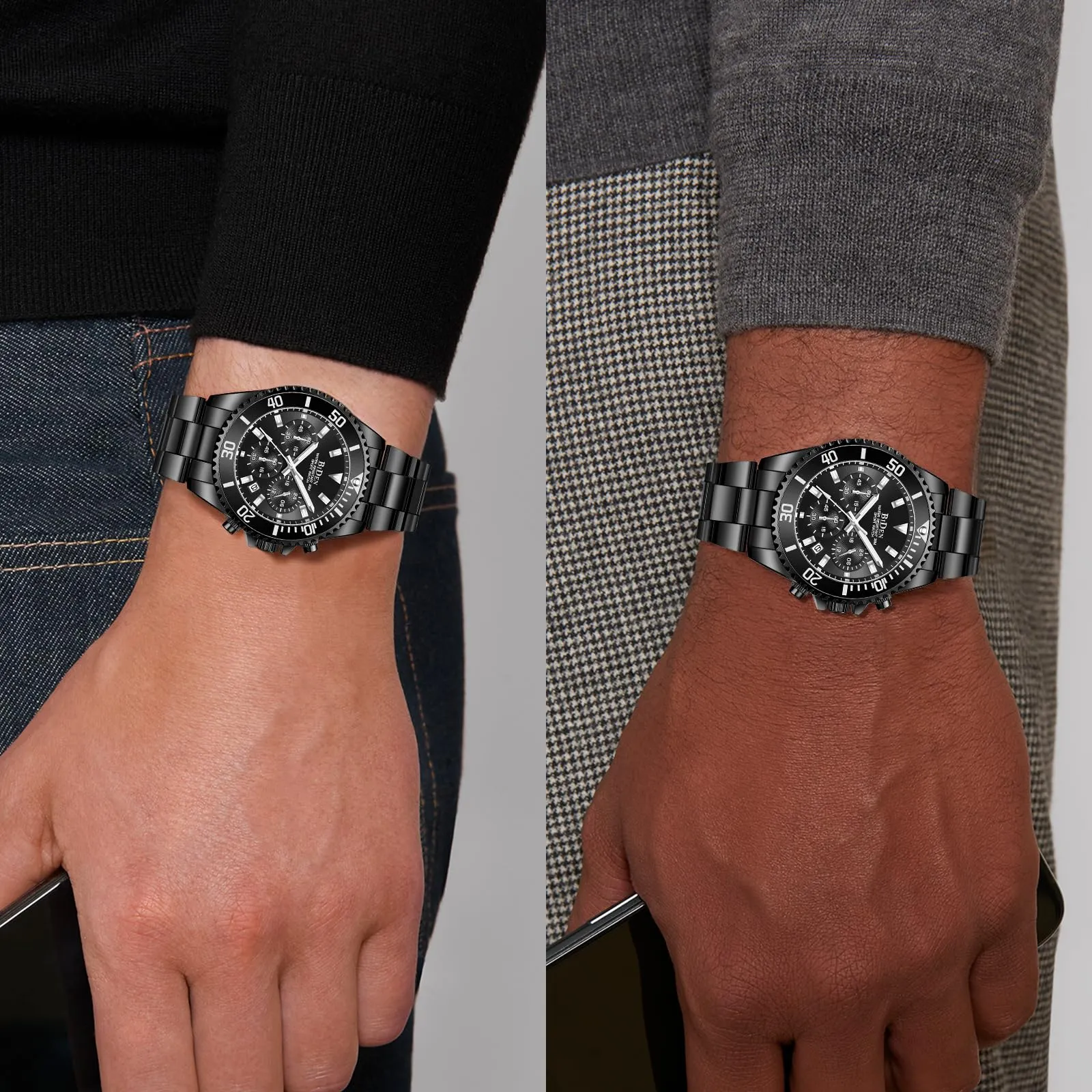 BIDEN Orologio da uomo cronografo in acciaio inossidabile, analogico al quarzo, Nero Sib - immagine 5