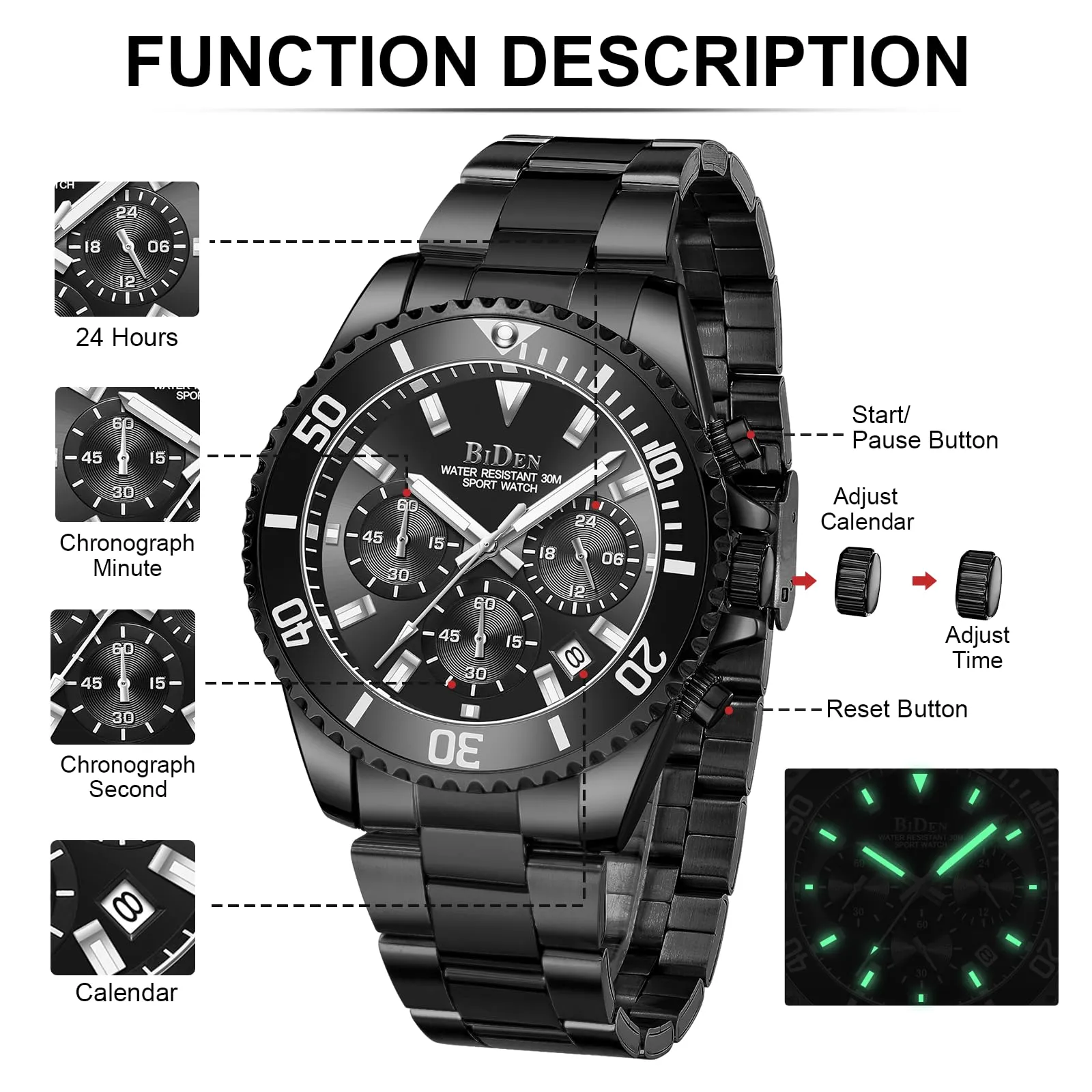 BIDEN Orologio da uomo cronografo in acciaio inossidabile, analogico al quarzo, Nero Sib - immagine 6