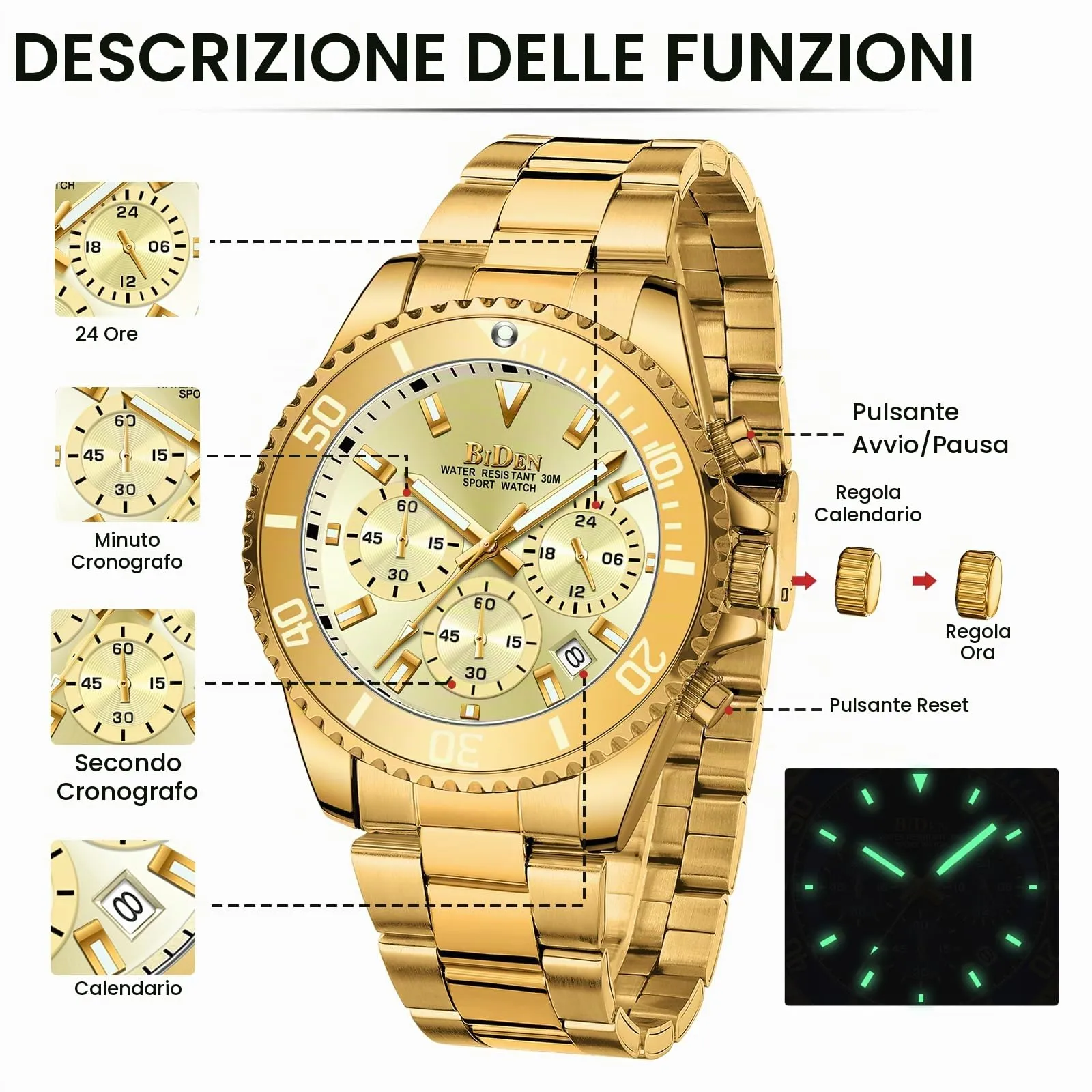 BIDEN BIDEN-0163 Orologio analogico al quarzo da uomo con cinturino in acciaio inossidabile, Nero A, cronografo - immagine 6