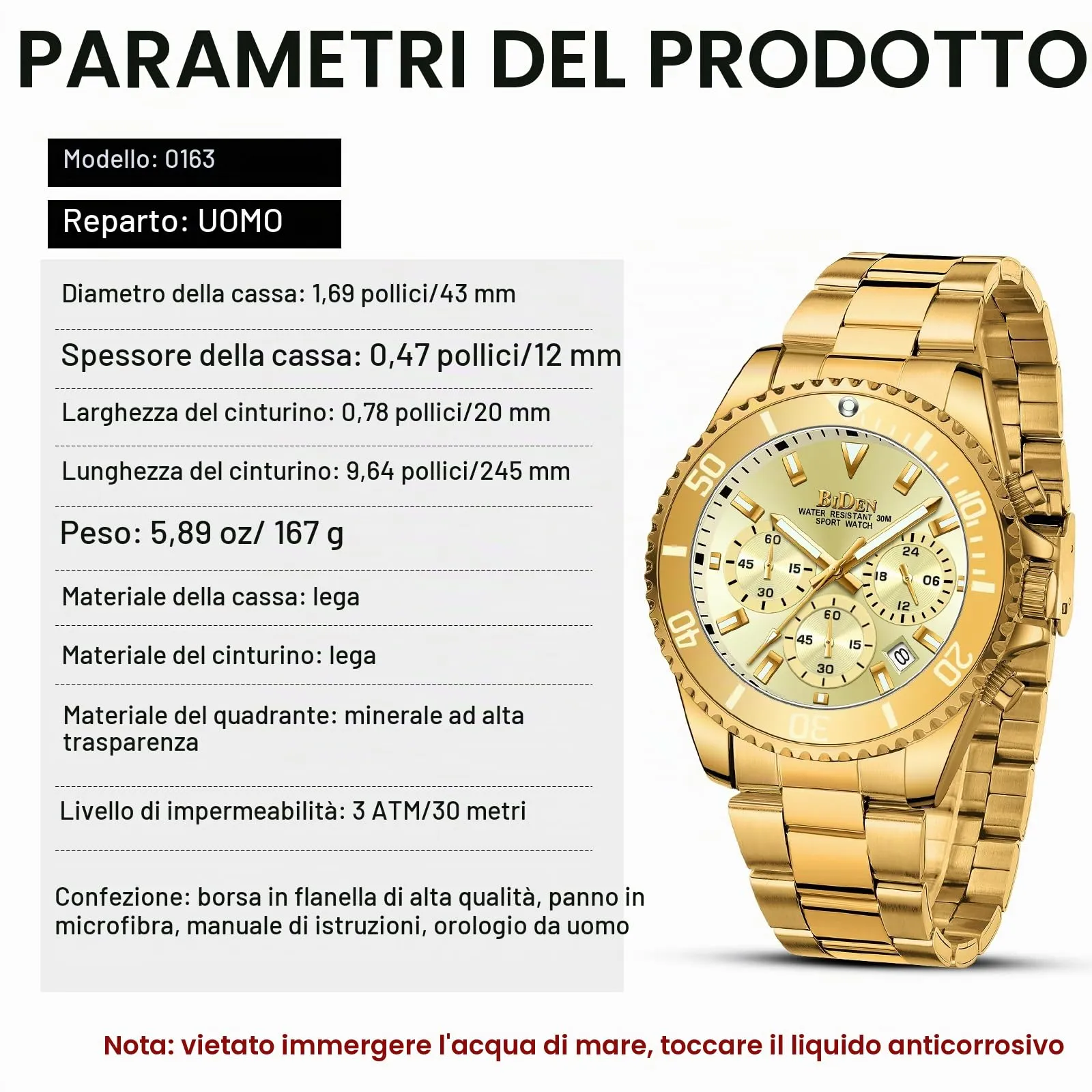 BIDEN BIDEN-0163 Orologio analogico al quarzo da uomo con cinturino in acciaio inossidabile, Nero A, cronografo - immagine 7