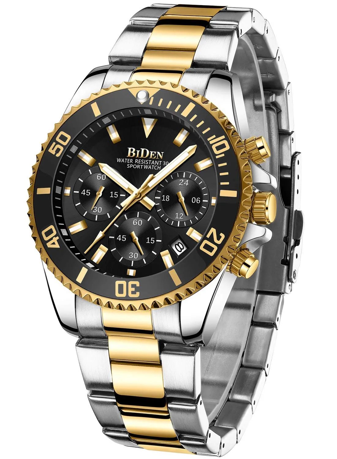 BIDEN Orologio da uomo Cronografo in acciaio inox, Oro Nero A B - immagine 1
