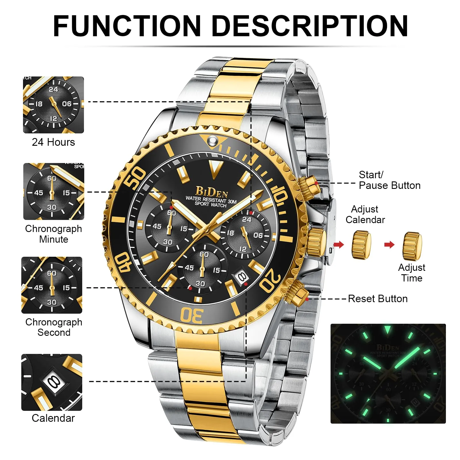 BIDEN Orologio da uomo Cronografo in acciaio inox, Oro Nero A B - immagine 6