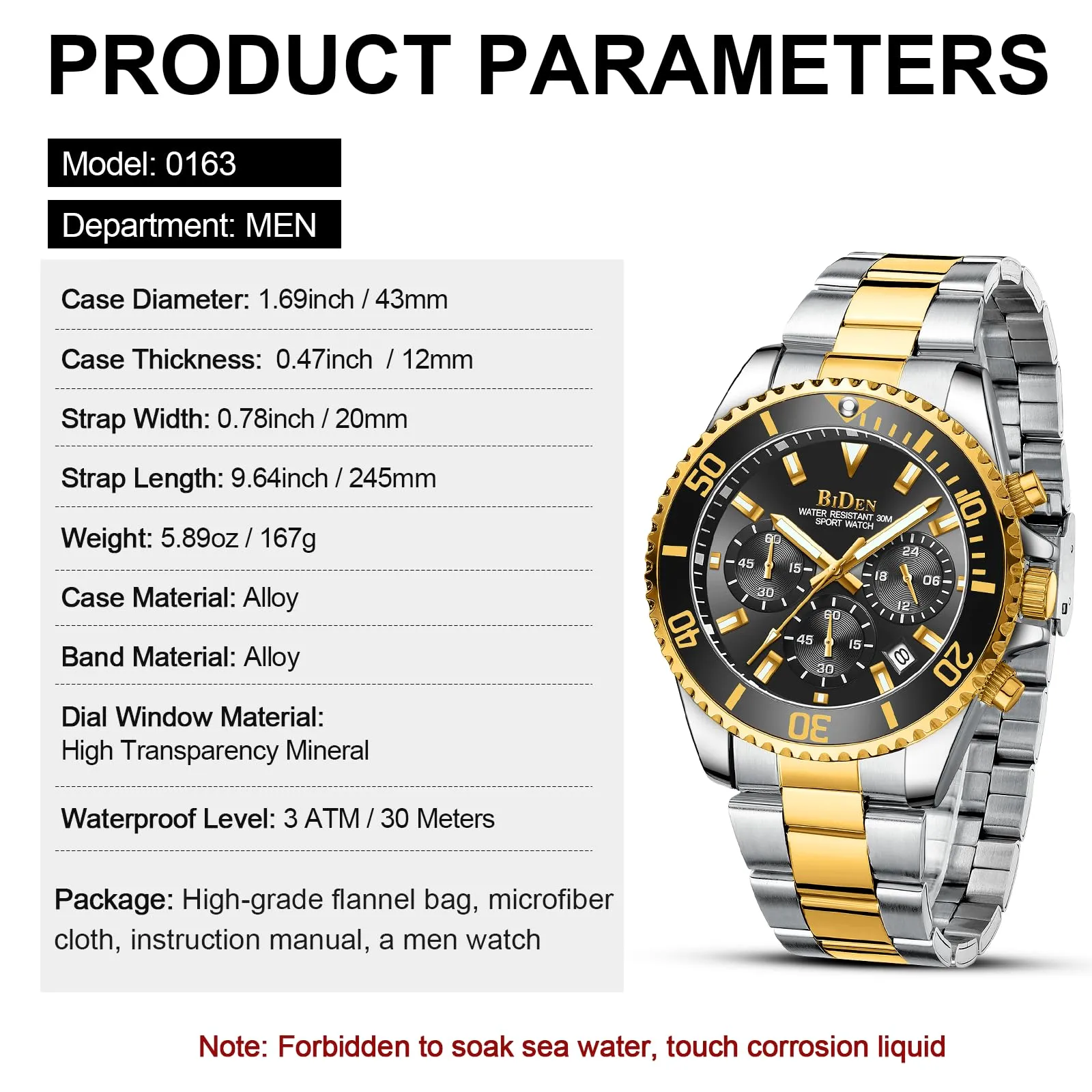 BIDEN Orologio da uomo Cronografo in acciaio inox, Oro Nero A B - immagine 7