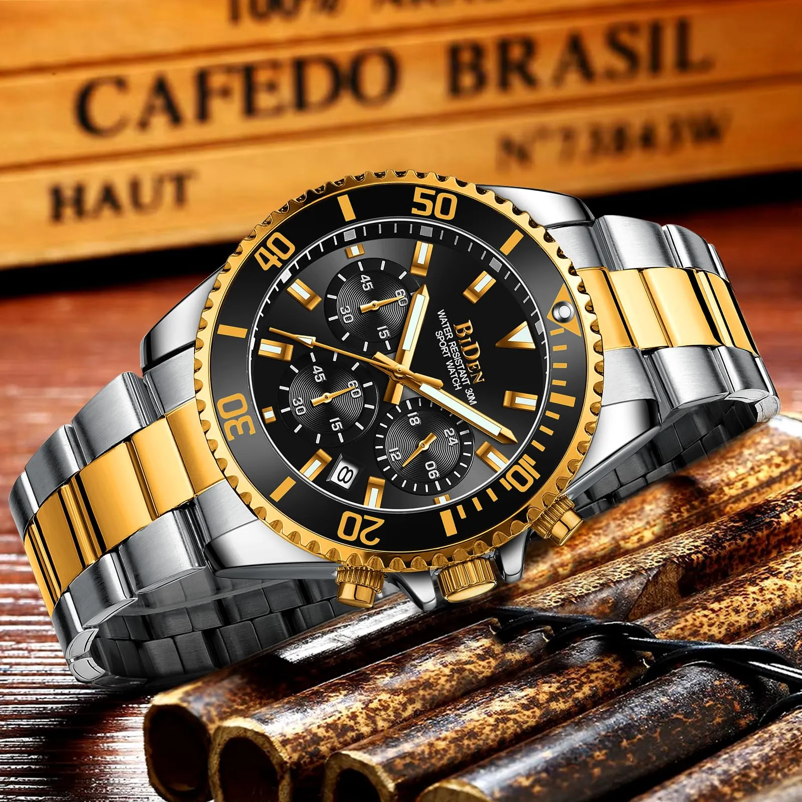 BIDEN Orologio da uomo Cronografo in acciaio inox, Oro Nero A B - immagine 8