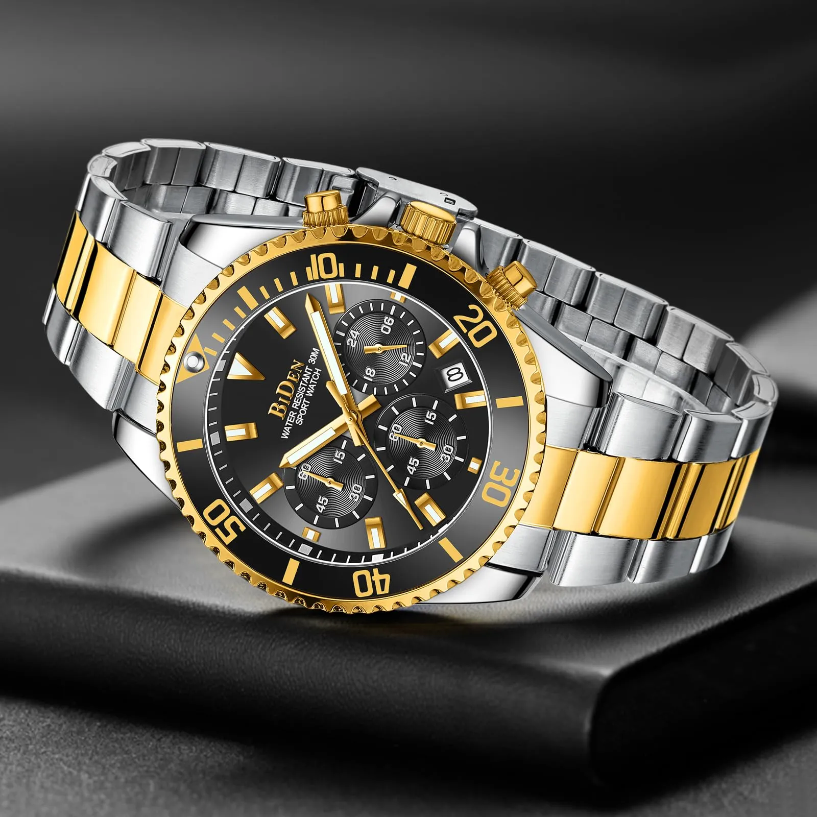 BIDEN Orologio da uomo Cronografo in acciaio inox, Oro Nero A B - immagine 9