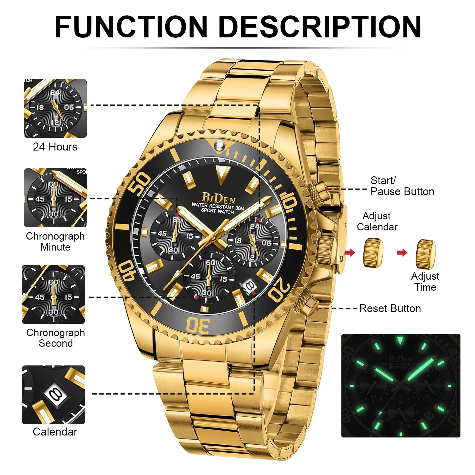 BIDEN Orologio da uomo Cronografo in Acciaio Inox Oro Nero C - immagine 6