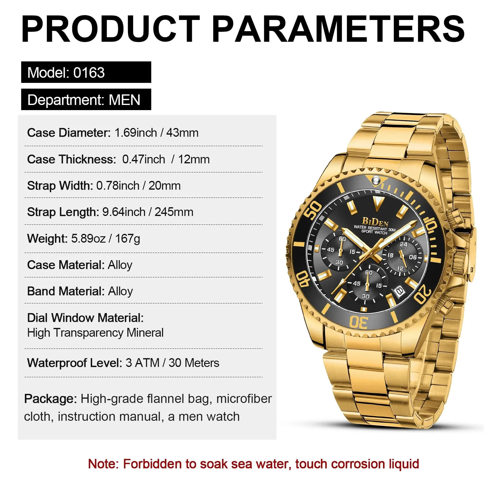 BIDEN Orologio da uomo Cronografo in Acciaio Inox Oro Nero C - immagine 7