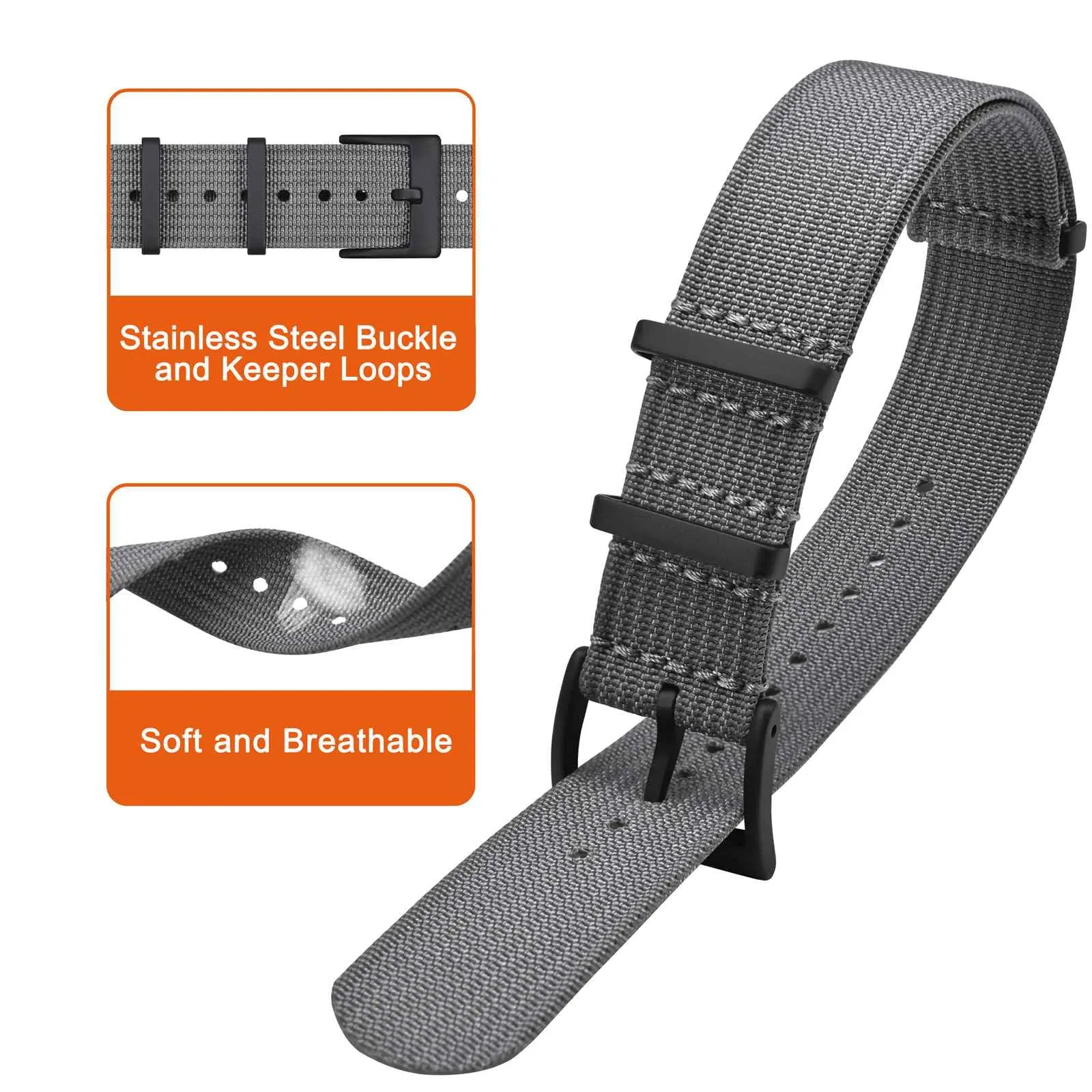 ANNEFIT Cinturino per Orologio in Nylon 22mm con Fibbia in Acciaio Inossidabile - Grigio - immagine 3