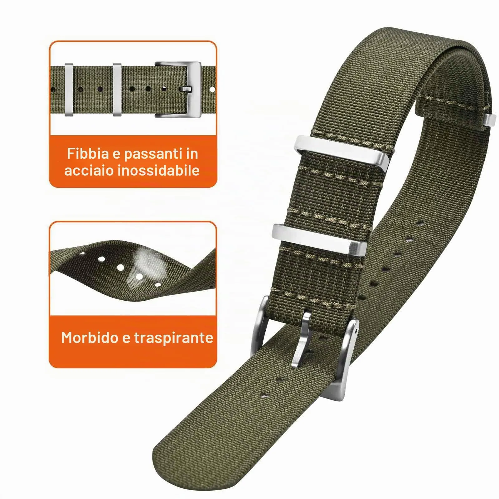 ANNEFIT Cinturino per Orologio in Nylon 22mm con Fibbia in Acciaio Inossidabile, Verde Oliva - immagine 3