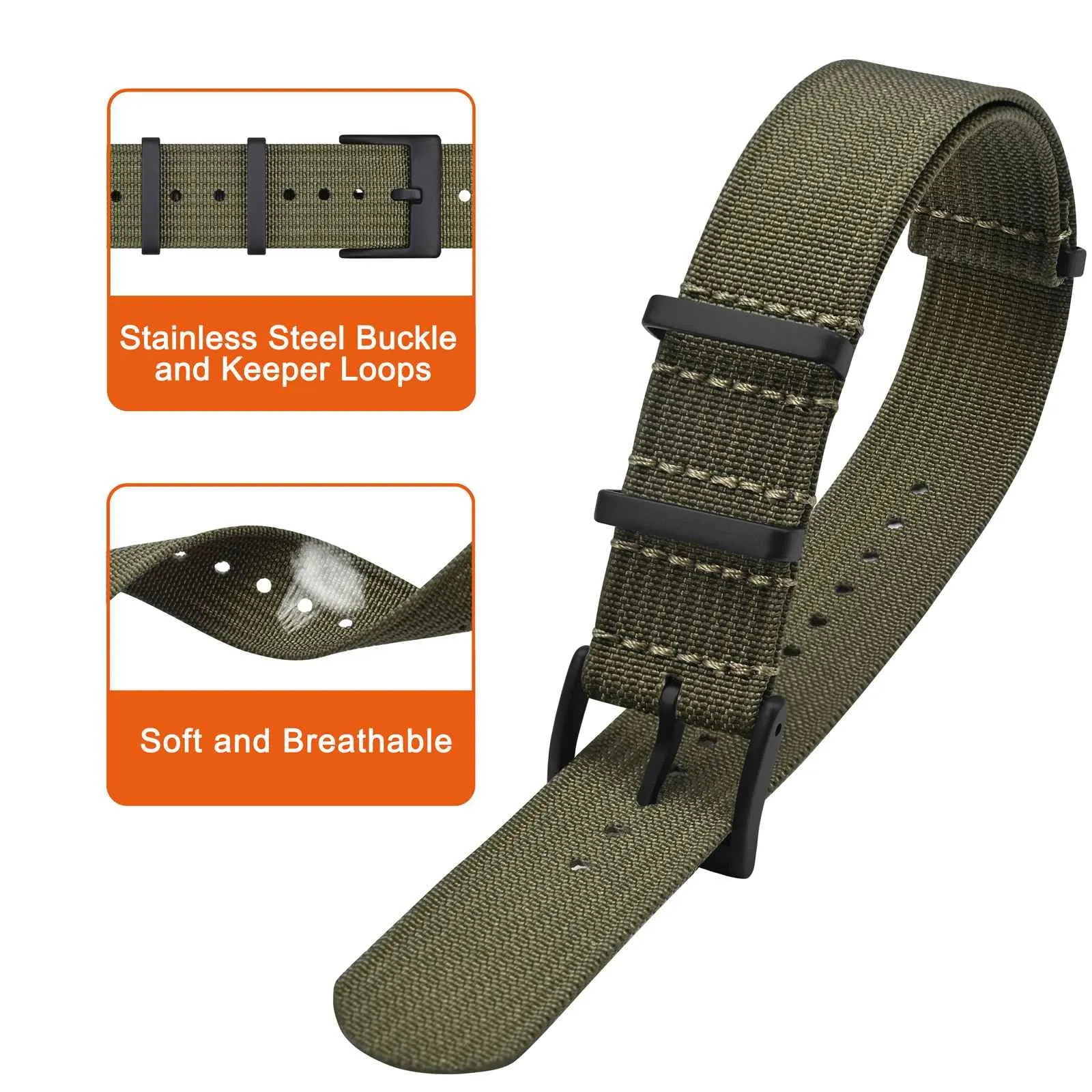 ANNEFIT Cinturino per Orologio in Nylon 20mm Verde Oliva con Fibbia Nera in Acciaio Inossidabile - immagine 3