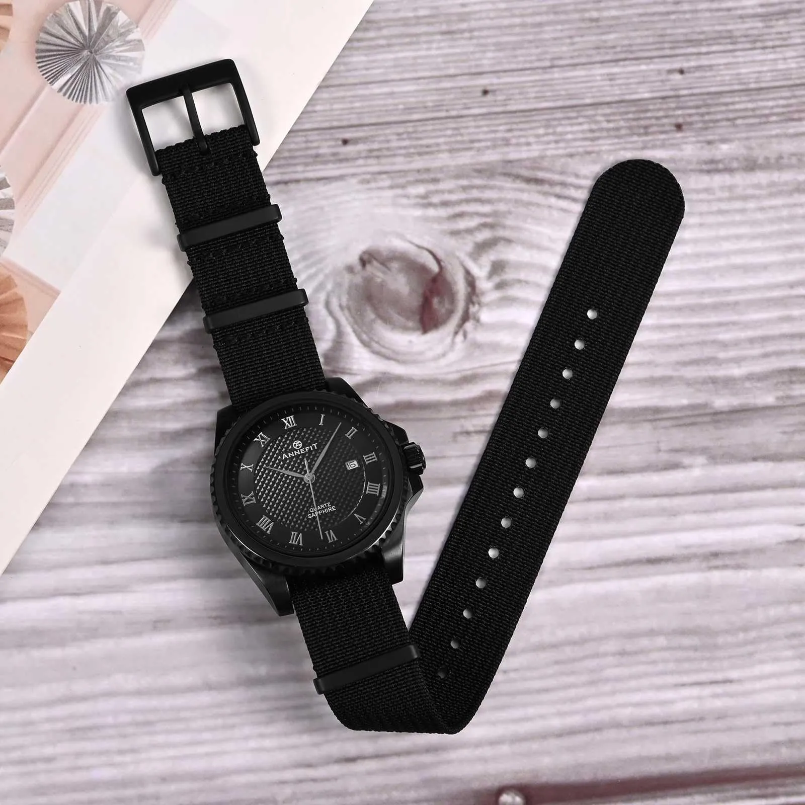 ANNEFIT Cinturino per Orologio in Nylon 22mm con Fibbia in Acciaio Inossidabile, Nero - immagine 2