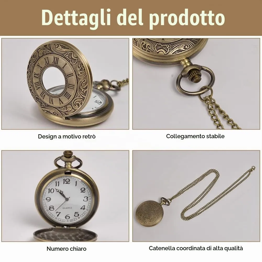 Vicloon Orologio da Tasca Vintage al Quarzo con Numeri Romani e Catena (Bronzo) - immagine 3