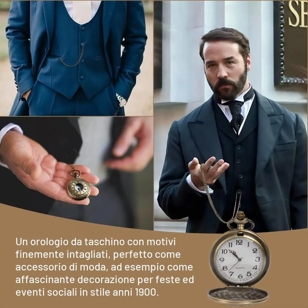 Vicloon Orologio da Tasca Vintage al Quarzo con Numeri Romani e Catena (Bronzo) - immagine 5