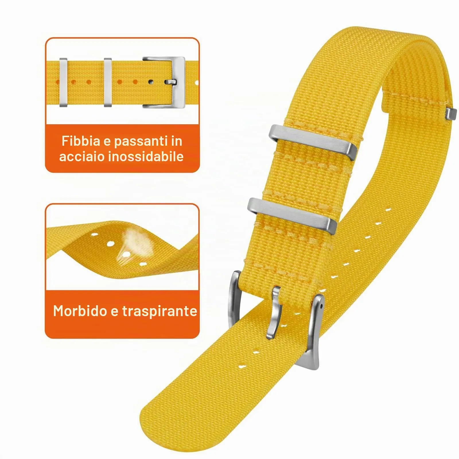 ANNEFIT Cinturino per Orologio in Nylon 20mm con Fibbia in Acciaio Inossidabile, Giallo - immagine 3