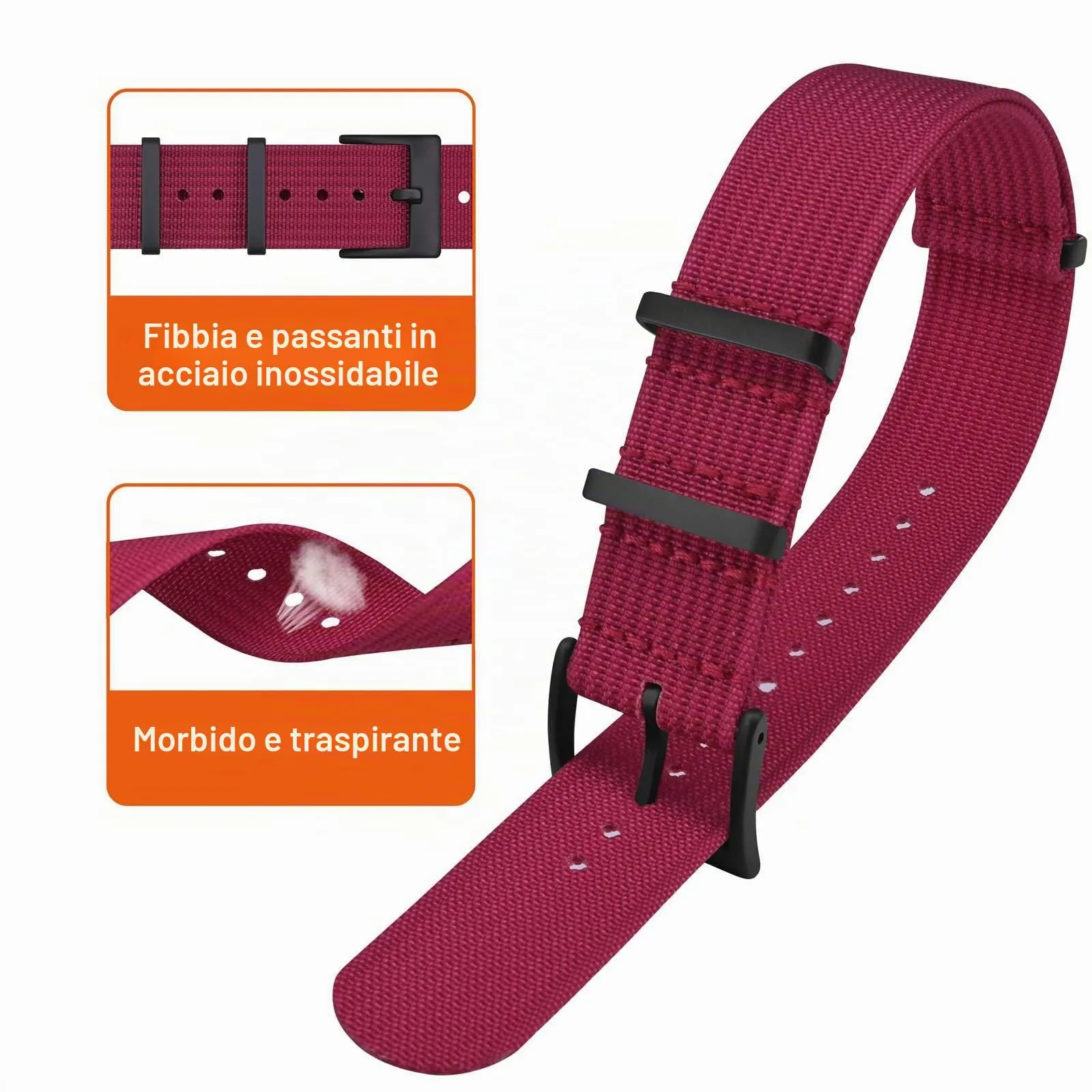 ANNEFIT Cinturino per Orologio in Nylon 20mm con Fibbia in Acciaio Inossidabile (Rosso) - immagine 3