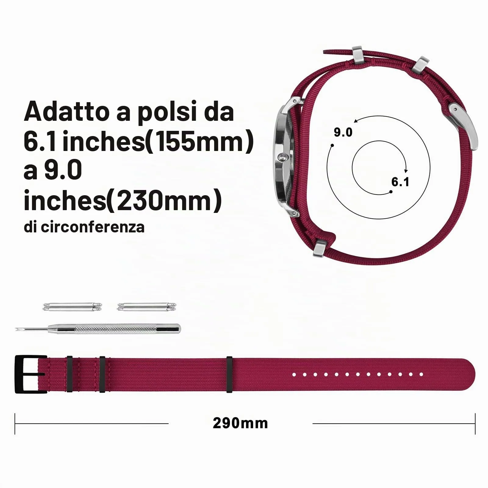 ANNEFIT Cinturino per Orologio in Nylon 20mm con Fibbia in Acciaio Inossidabile (Rosso) - immagine 4