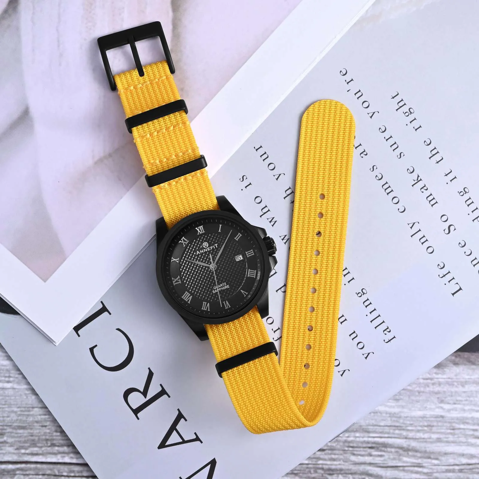 ANNEFIT Cinturino per Orologio in Nylon 18mm con Fibbia Nera in Acciaio Inossidabile (Giallo) - immagine 2