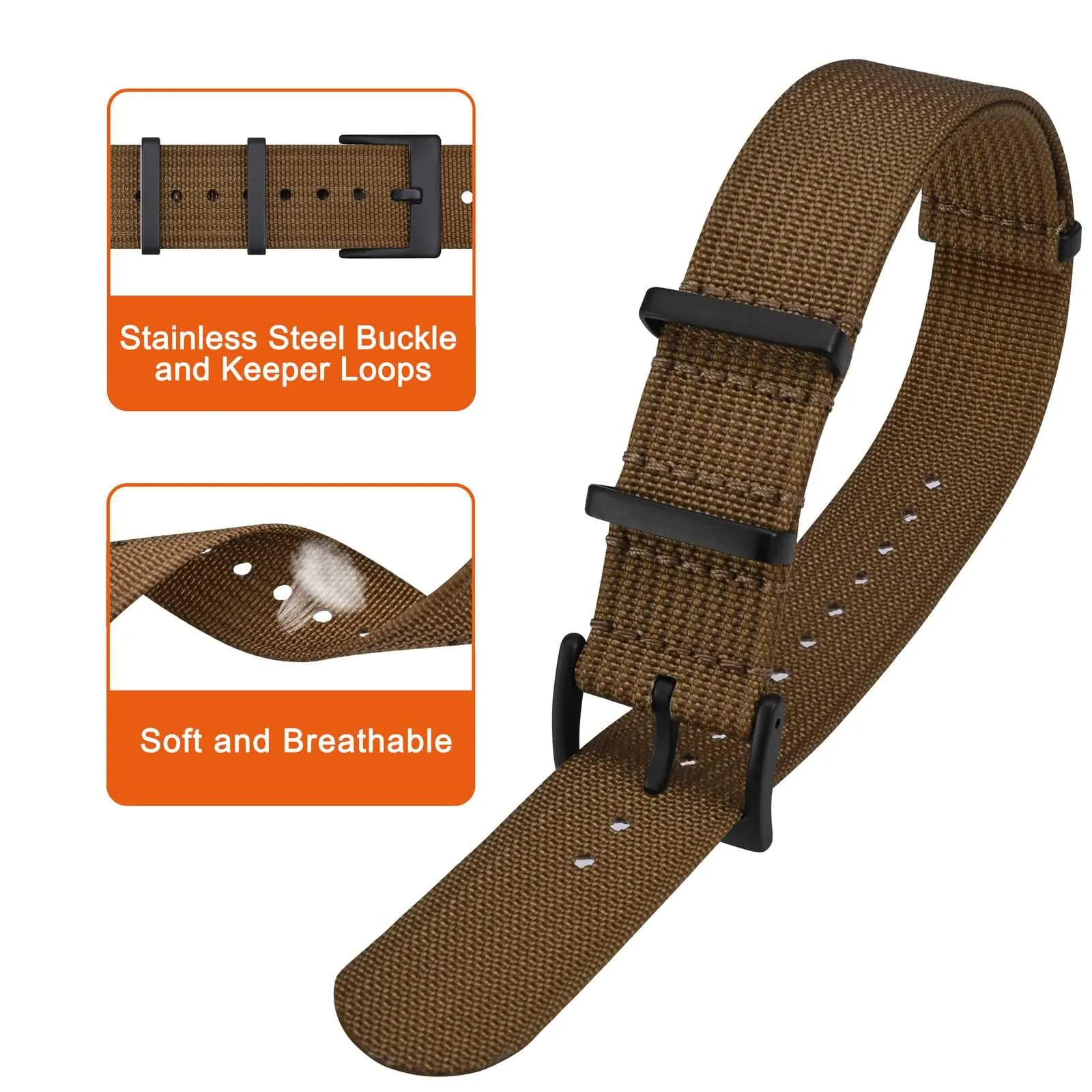 ANNEFIT Cinturino per Orologio in Nylon 20mm con Fibbia in Acciaio Inossidabile, Marrone - immagine 3