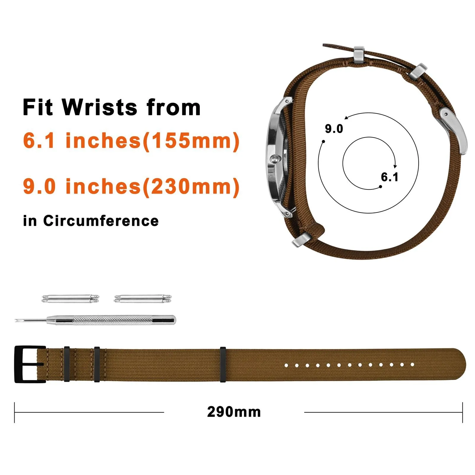 ANNEFIT Cinturino per Orologio in Nylon 20mm con Fibbia in Acciaio Inossidabile, Marrone - immagine 4