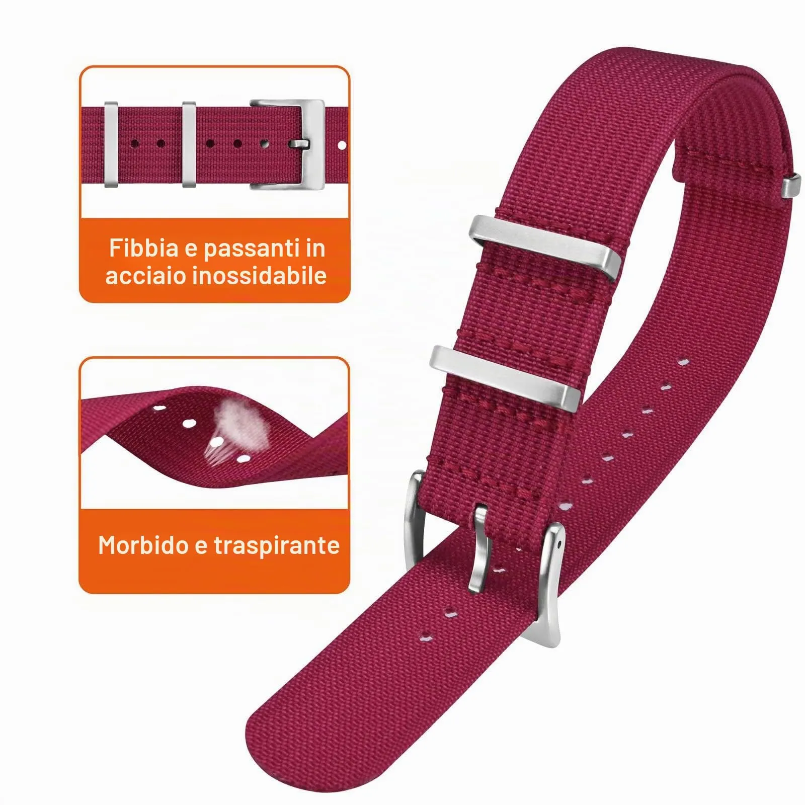 ANNEFIT Cinturino per Orologio in Nylon 20mm con Fibbia in Acciaio Inossidabile (Rosso) - immagine 3