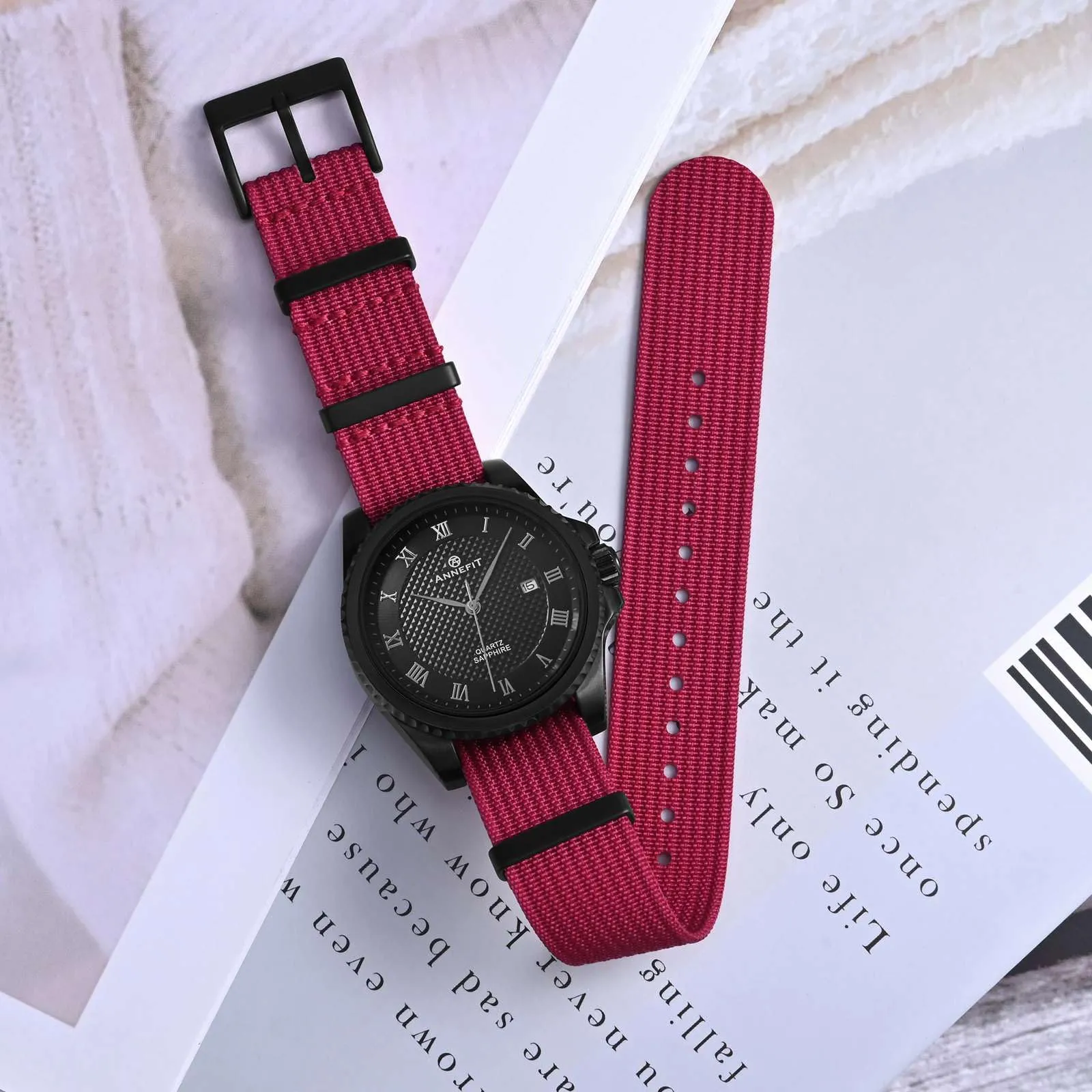 ANNEFIT Cinturino per Orologio in Nylon 22mm con Fibbia in Acciaio Inossidabile, Rosso - immagine 2