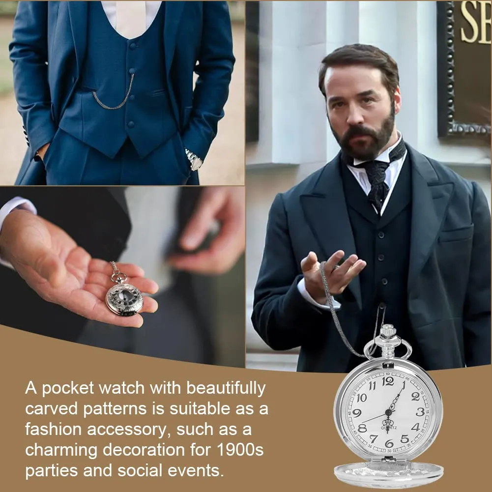 Vicloon Orologio da Tasca Vintage al Quarzo con Numeri Romani e Catena (Argento) - immagine 5