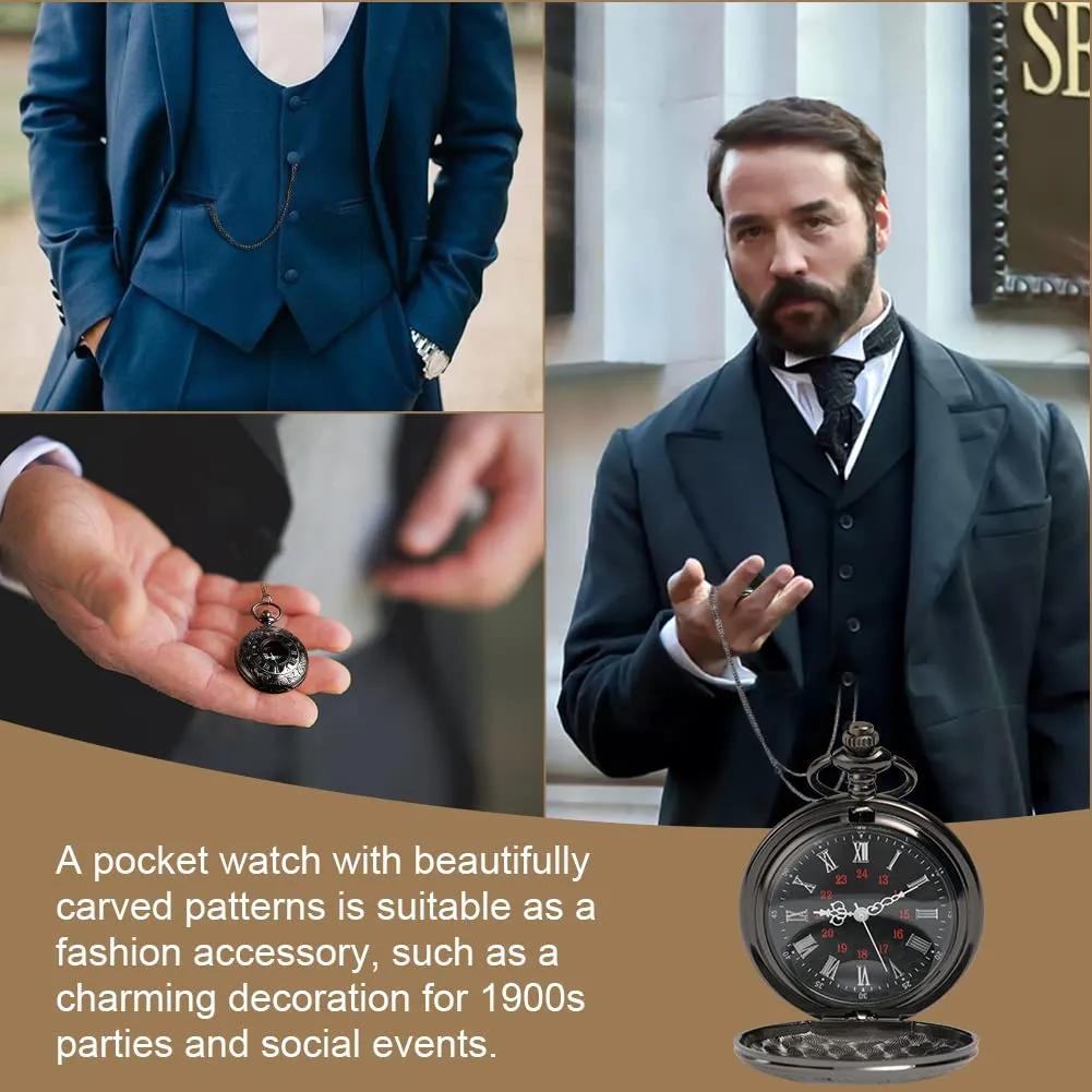 Vicloon Orologio da Taschino Vintage con Numeri Romani, Movimento al Quarzo con Catena (Nero) - immagine 5