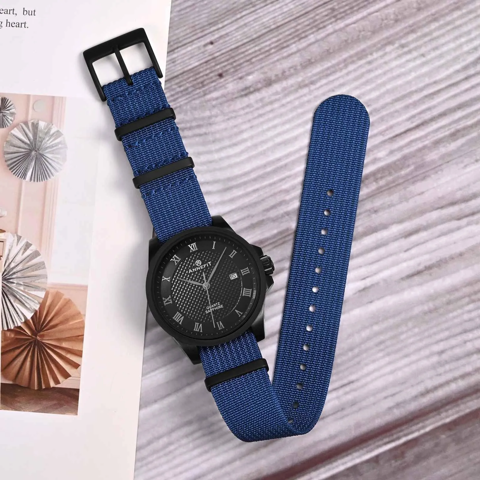 ANNEFIT Cinturino per Orologio in Nylon 16mm con Fibbia in Acciaio Inossidabile, Blu - immagine 2