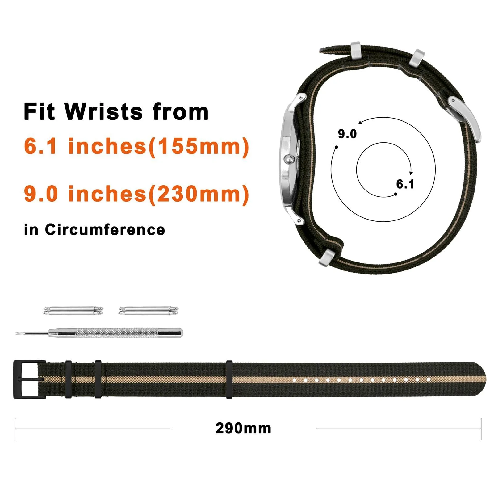 ANNEFIT Cinturino per Orologio in Nylon 22mm con Fibbia in Acciaio Inossidabile (Nero/Cachi) - immagine 4