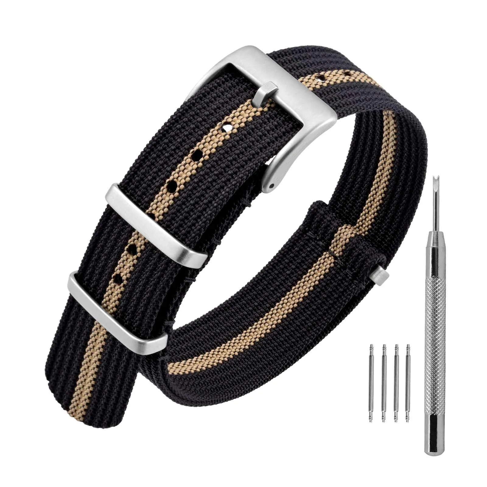 ANNEFIT Cinturino per Orologio in Nylon 20mm con Fibbia in Acciaio Inossidabile (Nero/Cachi) - immagine 1