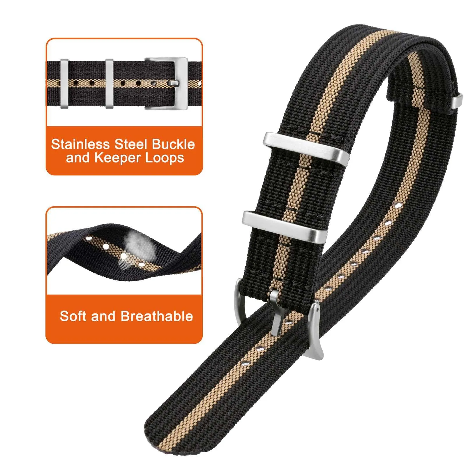 ANNEFIT Cinturino per Orologio in Nylon 20mm con Fibbia in Acciaio Inossidabile (Nero/Cachi) - immagine 3