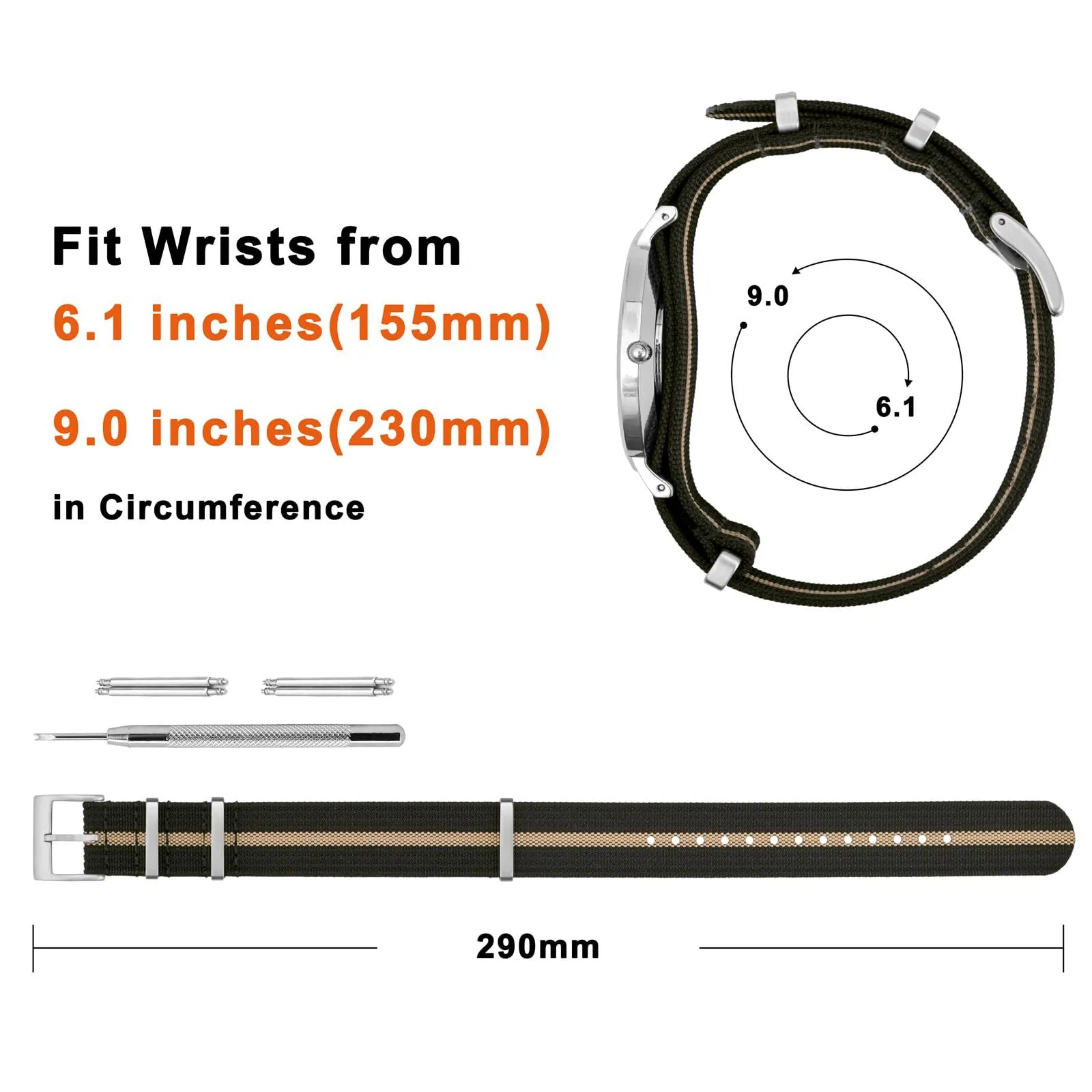 ANNEFIT Cinturino per Orologio in Nylon 20mm con Fibbia in Acciaio Inossidabile (Nero/Cachi) - immagine 4