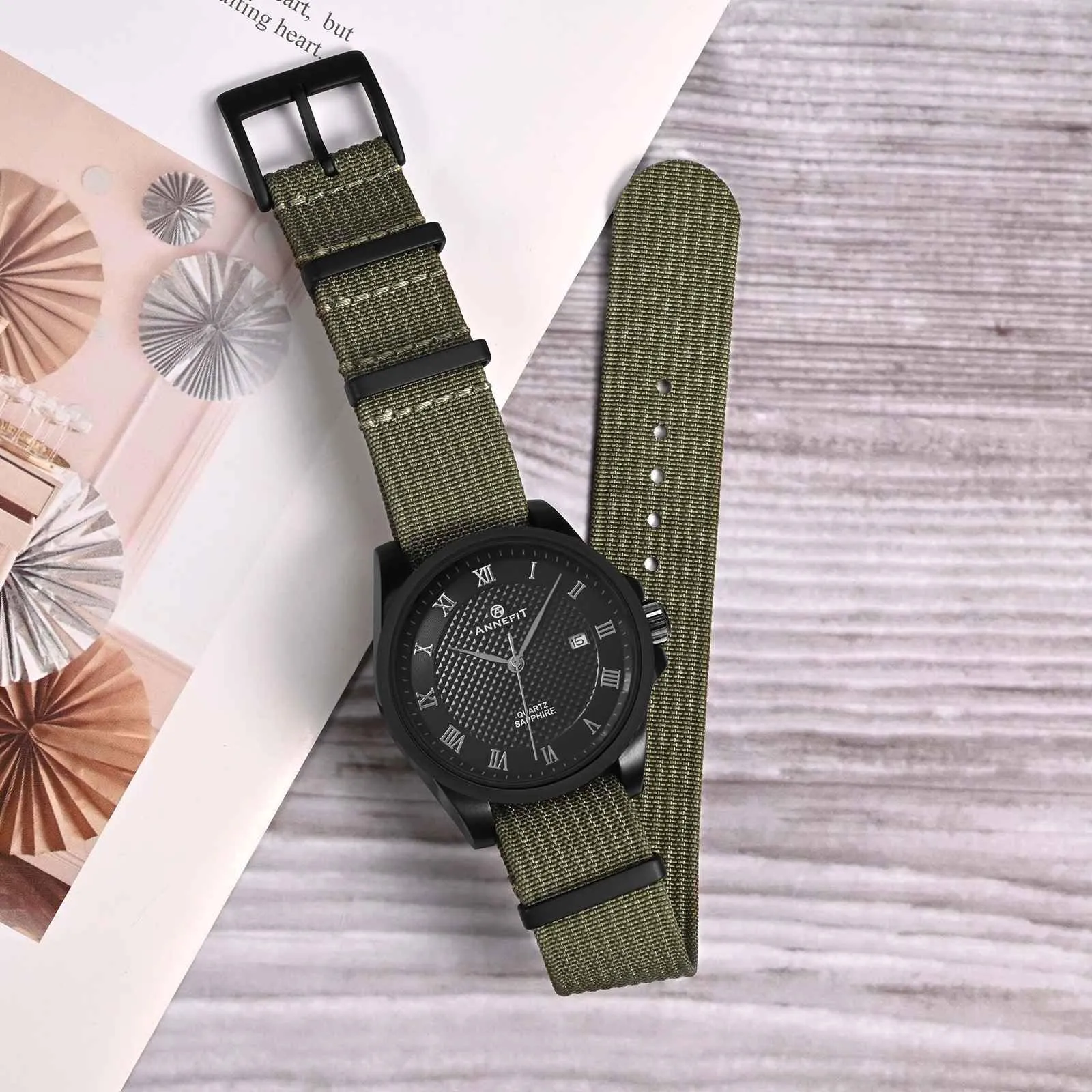 ANNEFIT Cinturino per Orologio in Nylon 16mm con Fibbia in Acciaio Inossidabile, Verde Oliva - immagine 2