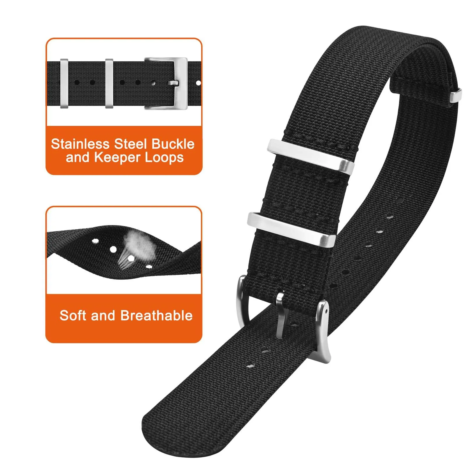 ANNEFIT Cinturino per Orologio in Nylon 24mm con Fibbia in Acciaio Inossidabile (Nero) - immagine 3