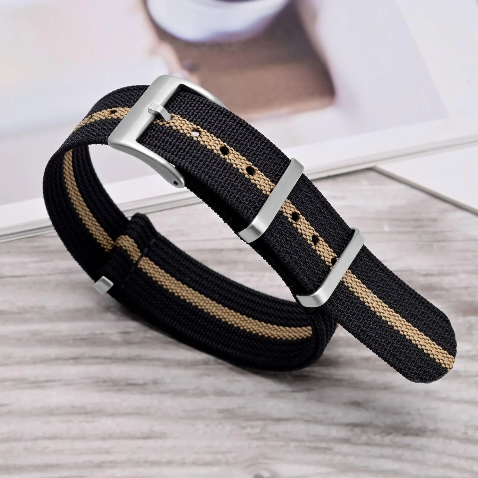 ANNEFIT Cinturino per Orologio in Nylon 19mm con Fibbia in Acciaio Inossidabile (Nero/Cachi) - immagine 8