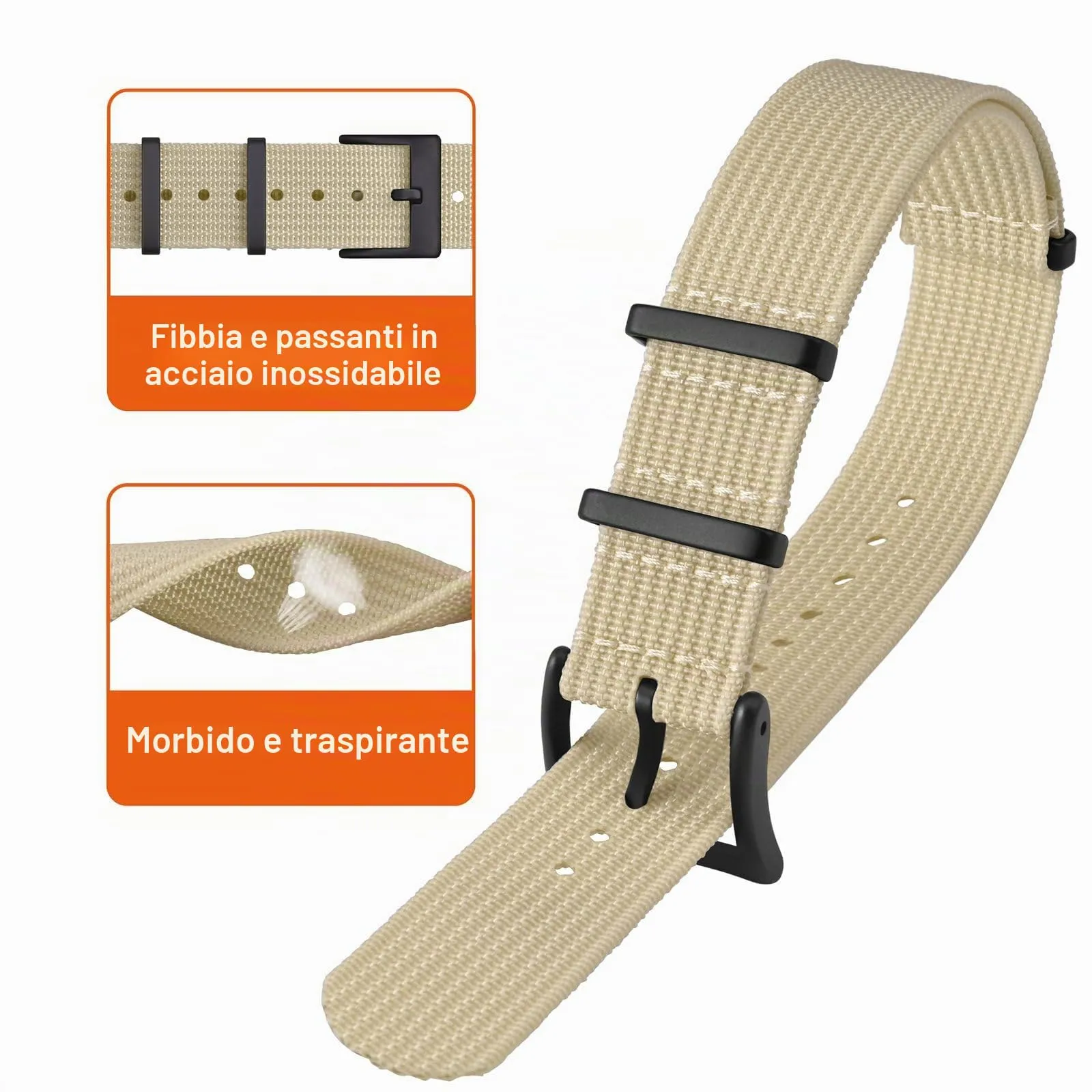 ANNEFIT Cinturino per Orologio in Nylon 18mm con Fibbia in Acciaio Inossidabile, Beige - immagine 3