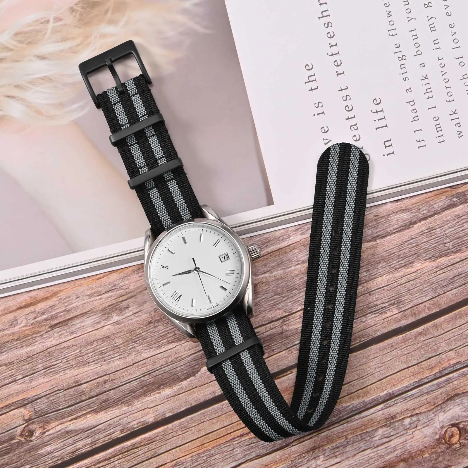 ANNEFIT Cinturino per Orologio in Nylon 18mm con Fibbia in Acciaio Inossidabile (Nero/Grigio) - immagine 2