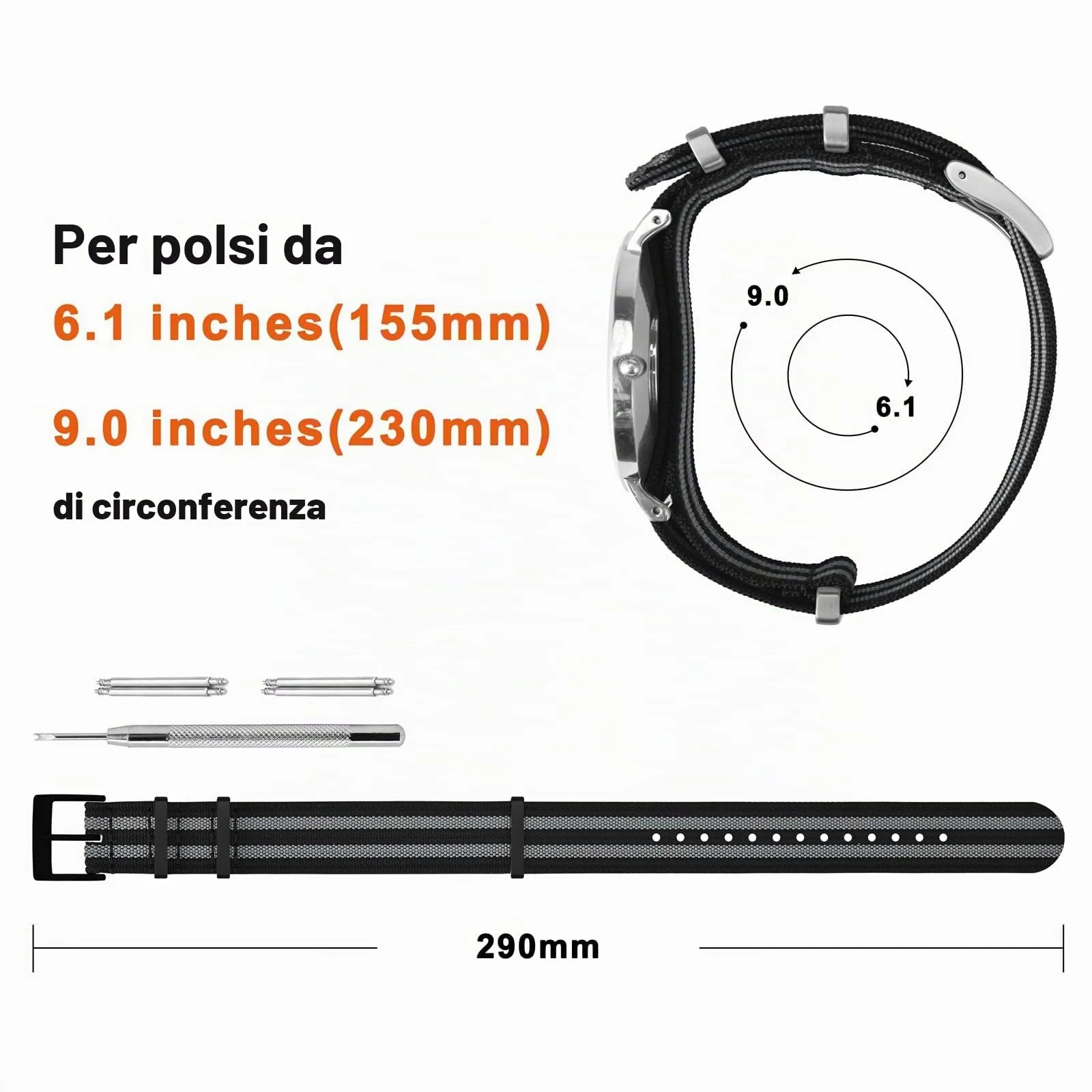 ANNEFIT Cinturino per Orologio in Nylon 18mm con Fibbia in Acciaio Inossidabile (Nero/Grigio) - immagine 4