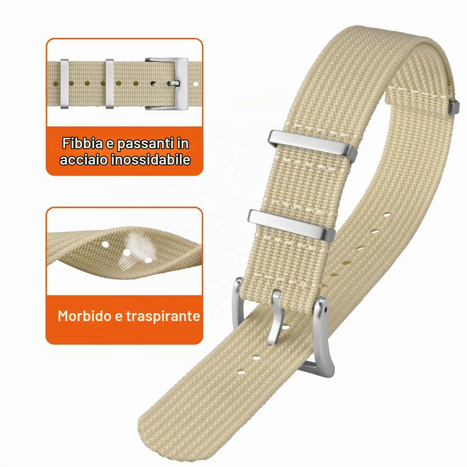 ANNEFIT Cinturino per Orologio in Nylon 20mm con Fibbia in Acciaio Inossidabile (Beige) - immagine 3