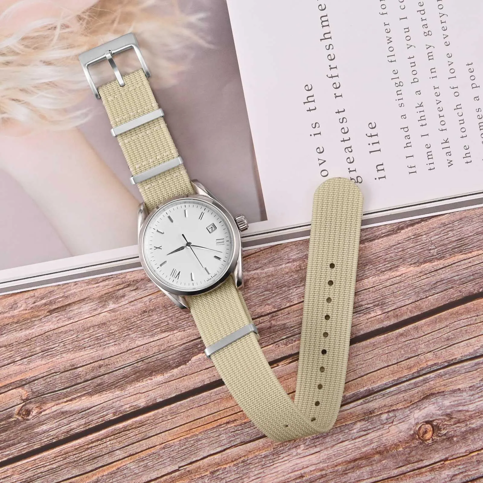 ANNEFIT Cinturino per Orologio in Nylon 22mm con Fibbia in Acciaio Inossidabile, Beige - immagine 2