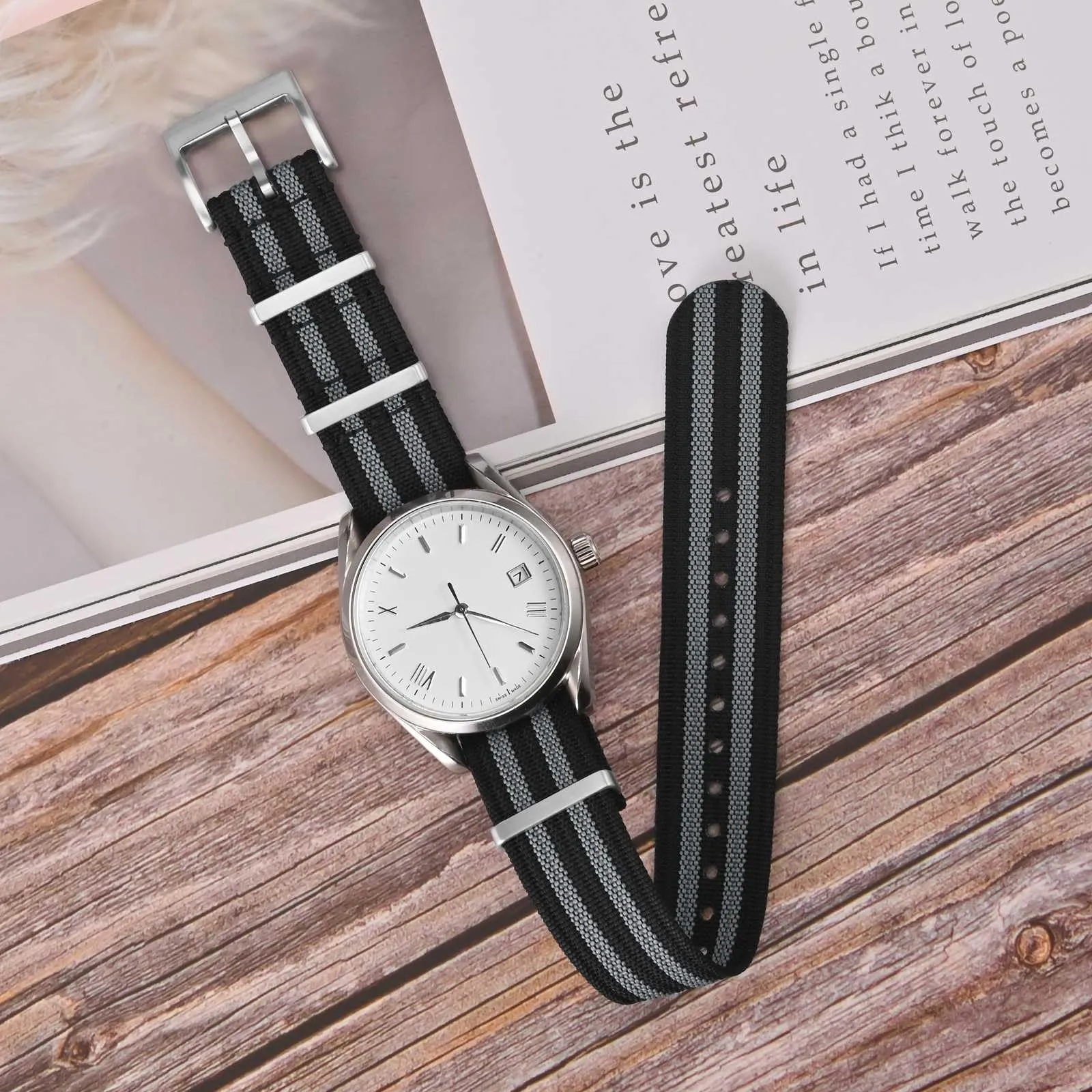 ANNEFIT Cinturino per Orologio in Nylon 18mm con Fibbia in Acciaio Inossidabile (Nero/Grigio) - immagine 2