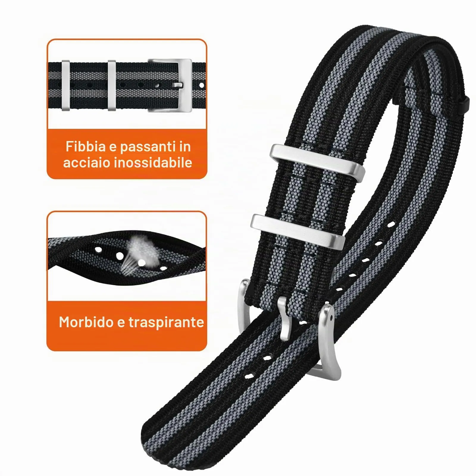 ANNEFIT Cinturino per Orologio in Nylon 18mm con Fibbia in Acciaio Inossidabile (Nero/Grigio) - immagine 3
