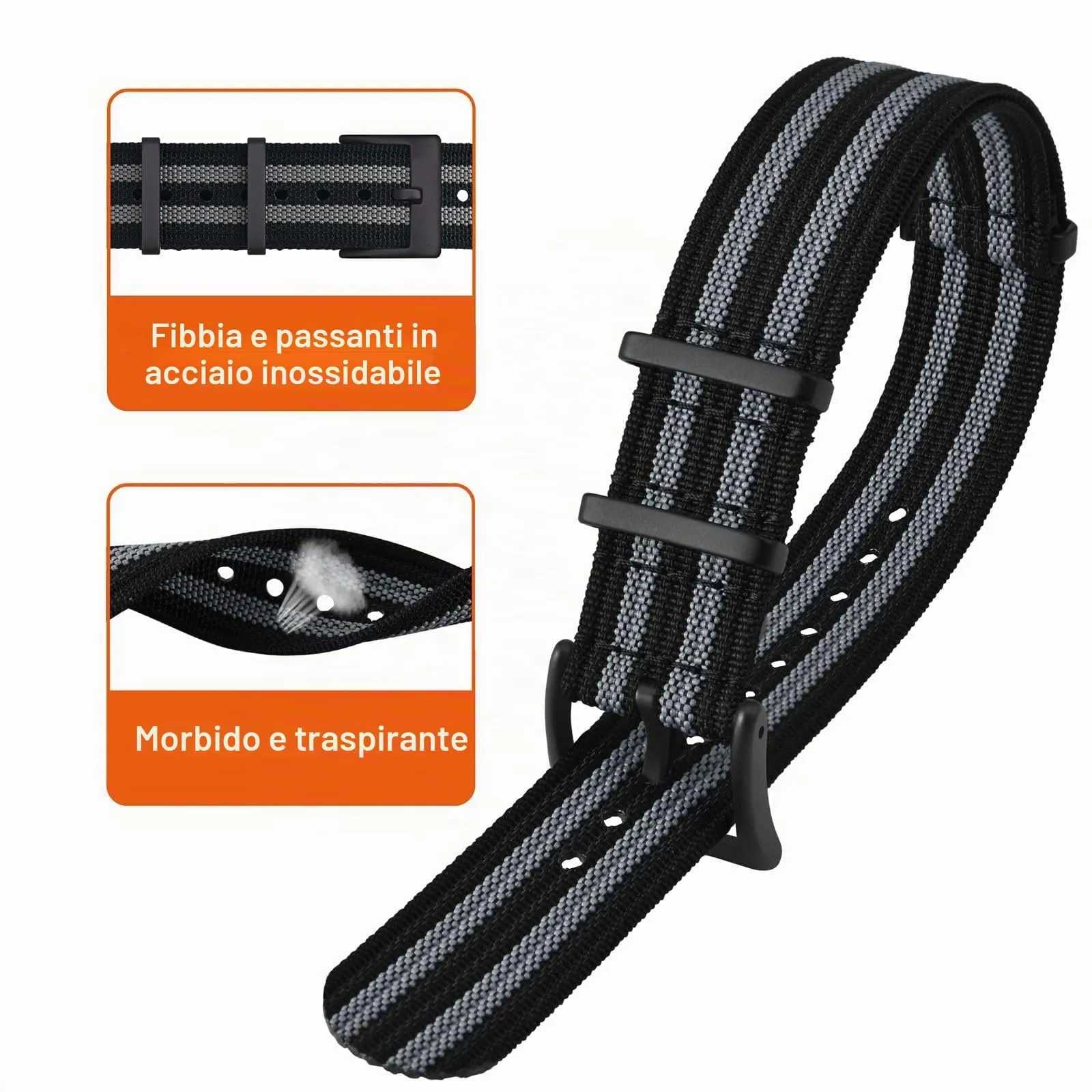 ANNEFIT Cinturino per Orologio in Nylon 20mm con Fibbia in Acciaio Inossidabile (Nero/Grigio) - immagine 3