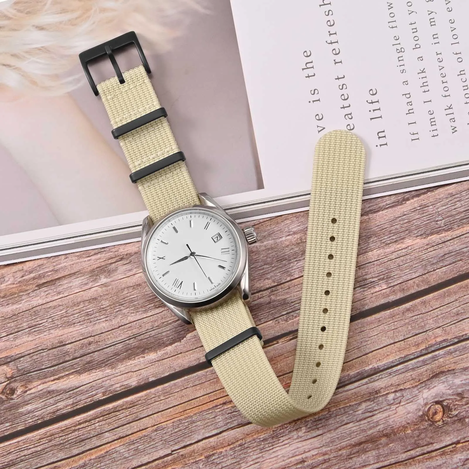 ANNEFIT Cinturino per Orologio in Nylon 22mm con Fibbia in Acciaio Inossidabile, Beige - immagine 2