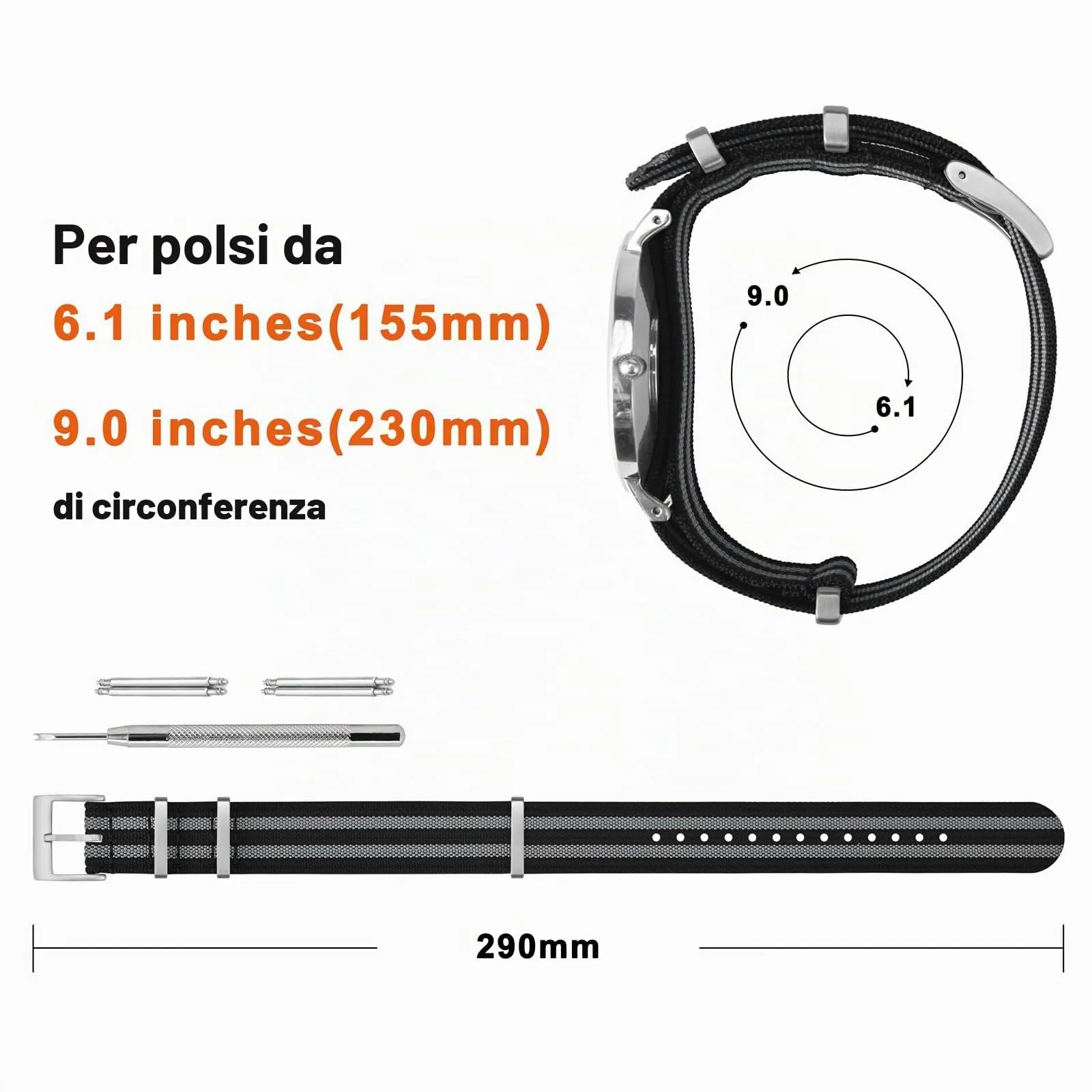 ANNEFIT Cinturino per Orologio in Nylon 22mm con Fibbia in Acciaio Inossidabile (Nero/Grigio) - immagine 4